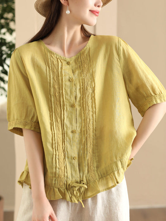 Women Summer Vintage Embroidery Button-up Strap Ramie Shirt FD018