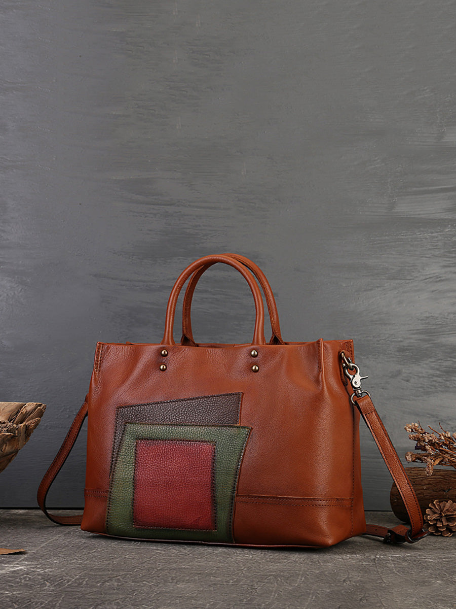 Women Leather Patchwork Large Capacity Hand Bag Shoulder Bag
