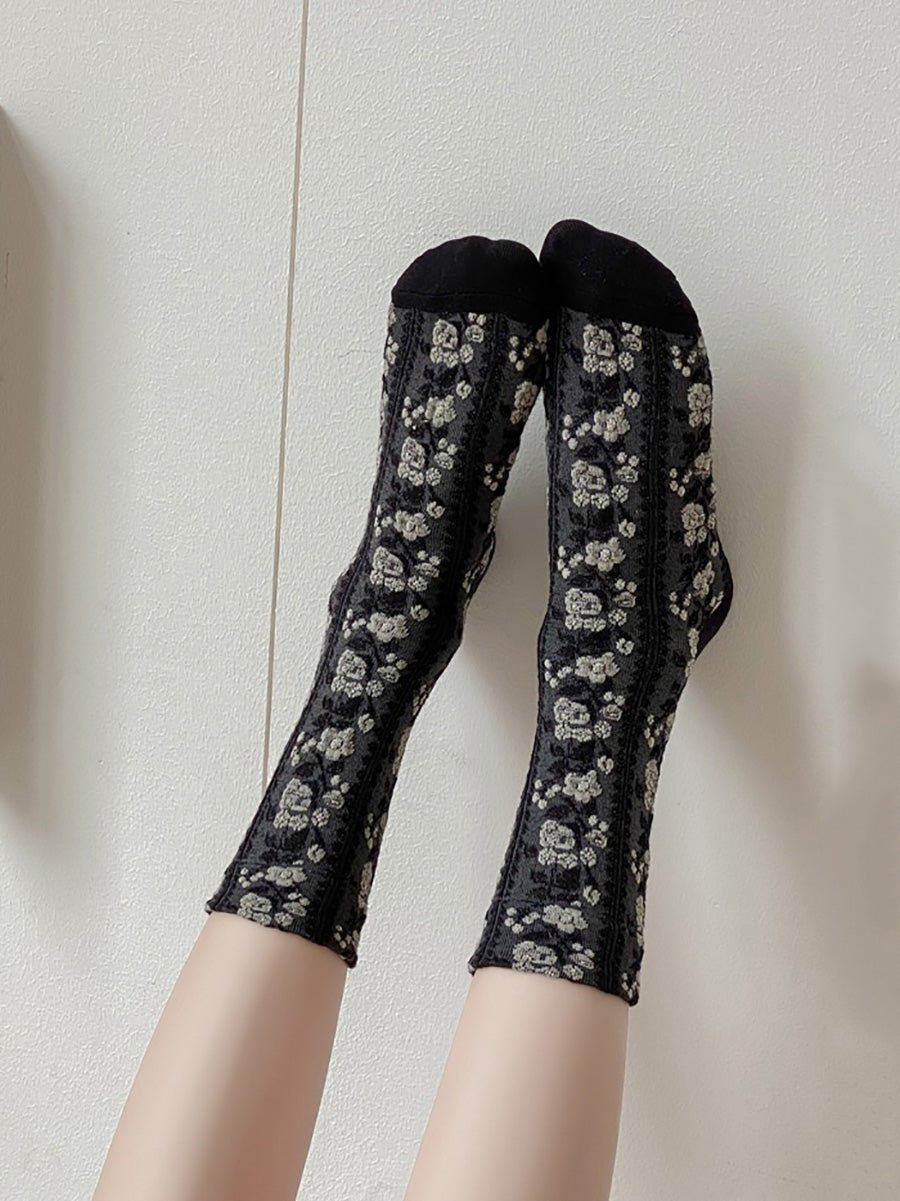 5 Pairs Women Floral Jacquard Cotton Socks AK1035