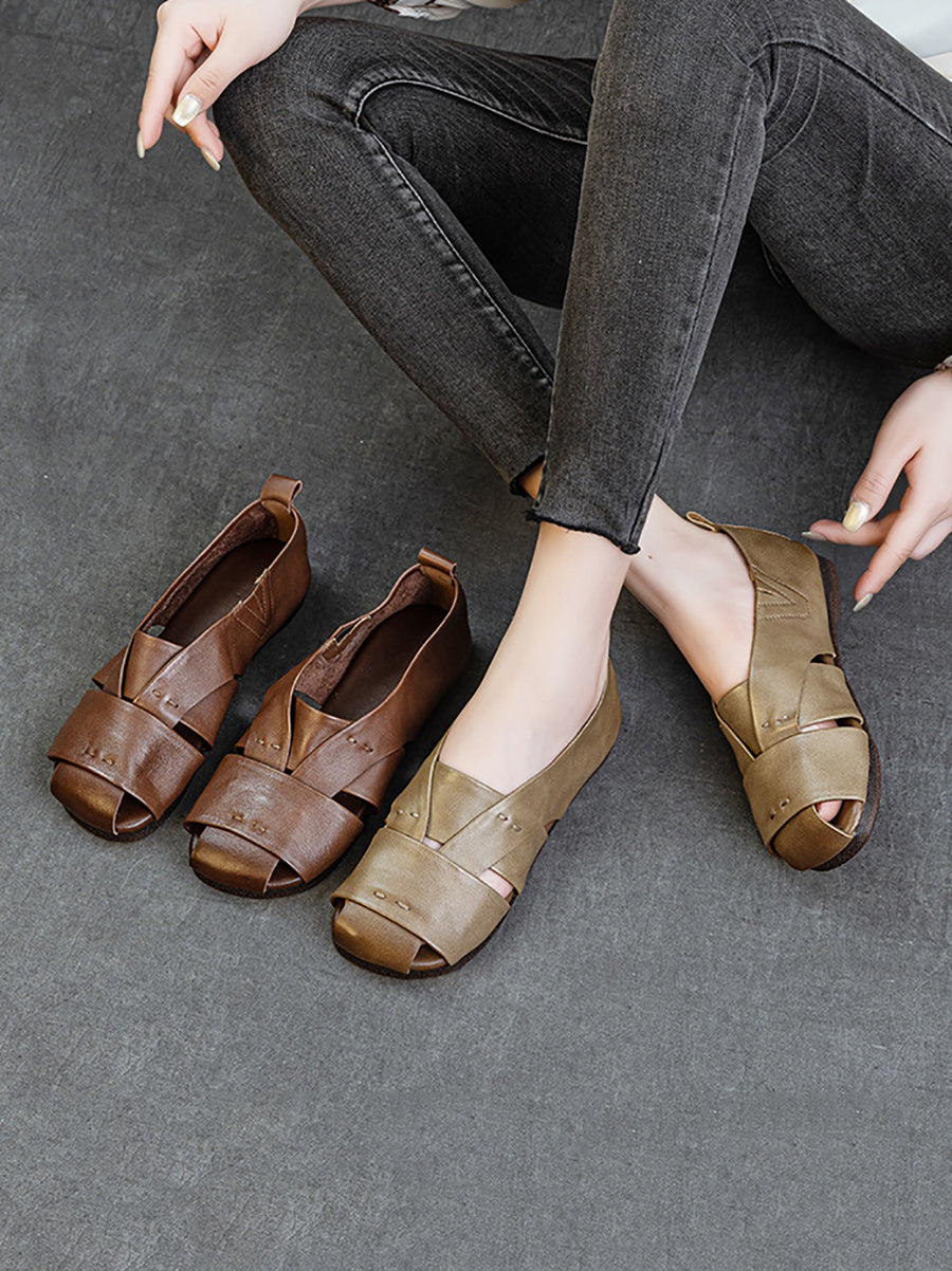 Genuine Sandals Women Leather Vintage Flat