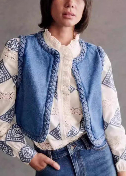 Bohemian Filled Fine Cotton Vest Neck Blue Sleeveless Denim O