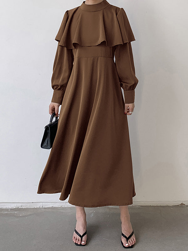 Waist Neck Ruffle A-Line Mock Elegant Tied Trim Long Coffee