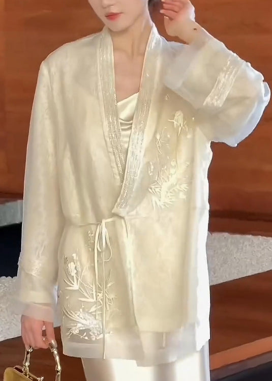 Beige Silk Up Embroidered Vintage Cardigan V Lace Neck Spring