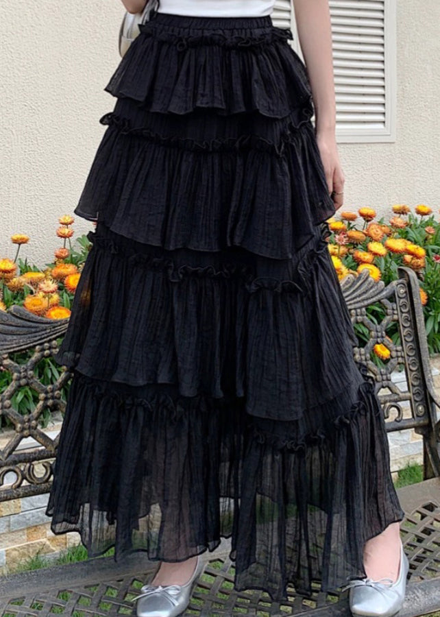 Fashion Black Ruffled Patchwork Elastic Waist Cotton Skirt Summer TT1021