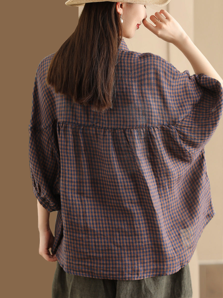 Women Summer Vintage Plaid Button-Up Linen Shirt PP1034