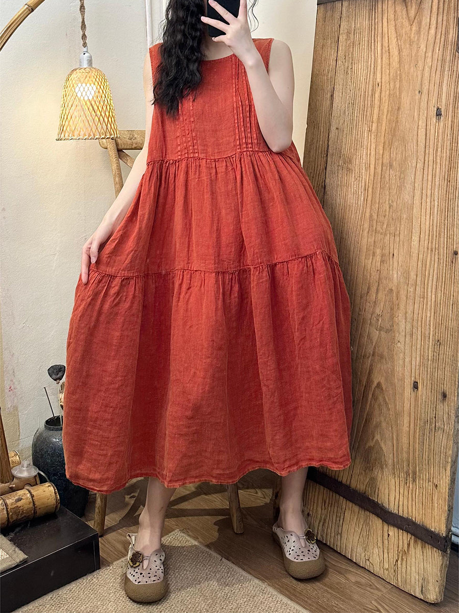 Women Summer Vintage Solid Shirred Linen Vest Dress BN1042