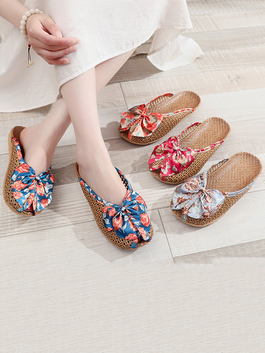 Indoor Weave Slippers Women Straw Flower Ethnic Bowknot