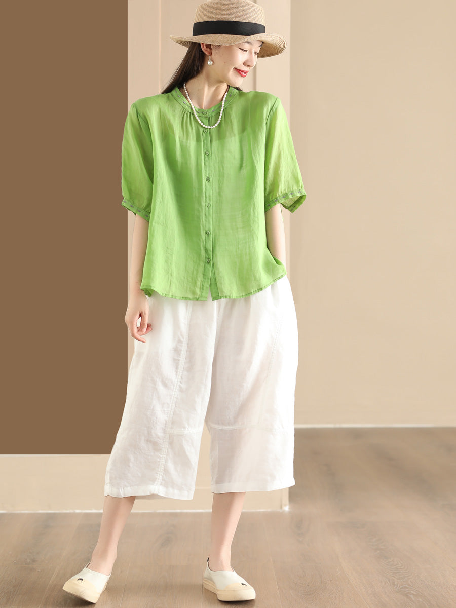 Women Summer O-Neck Embroidery Button-up Ramie Shirt PP1035