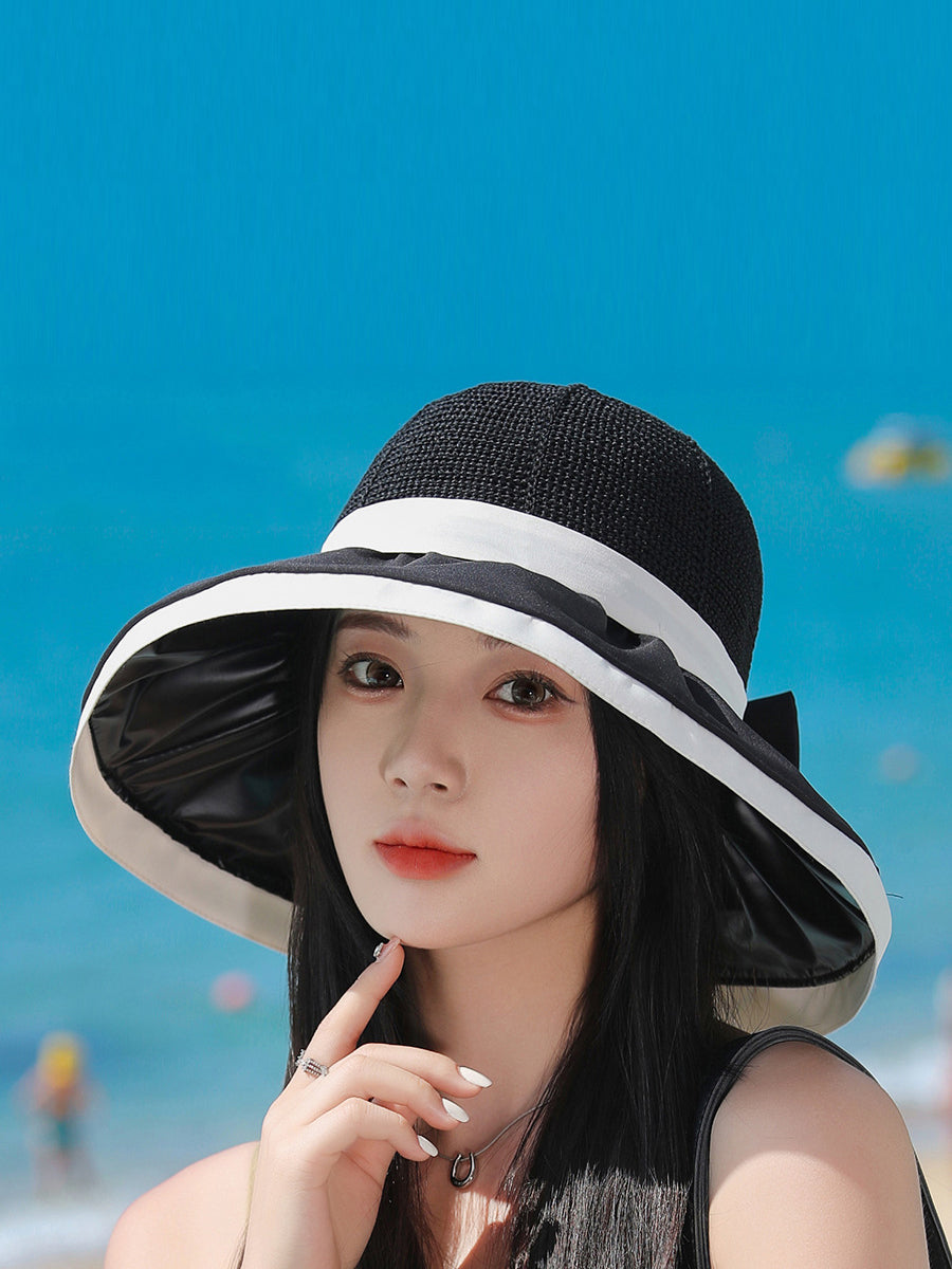 Women Summer Colorblock Large Brim Bowknot Hat WE1003