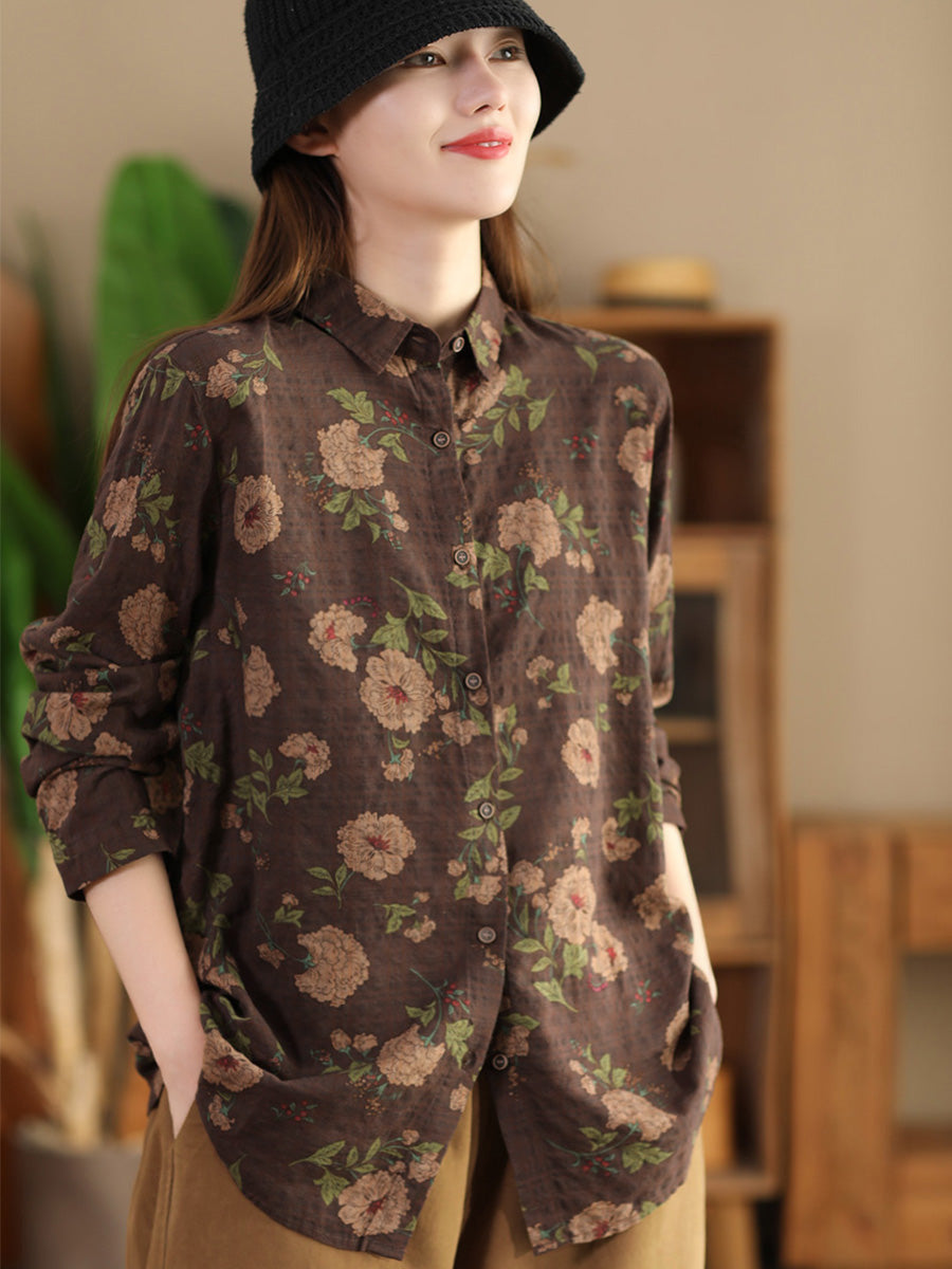 Women Autumn Vintage Flower Button-up Shirt AI1040