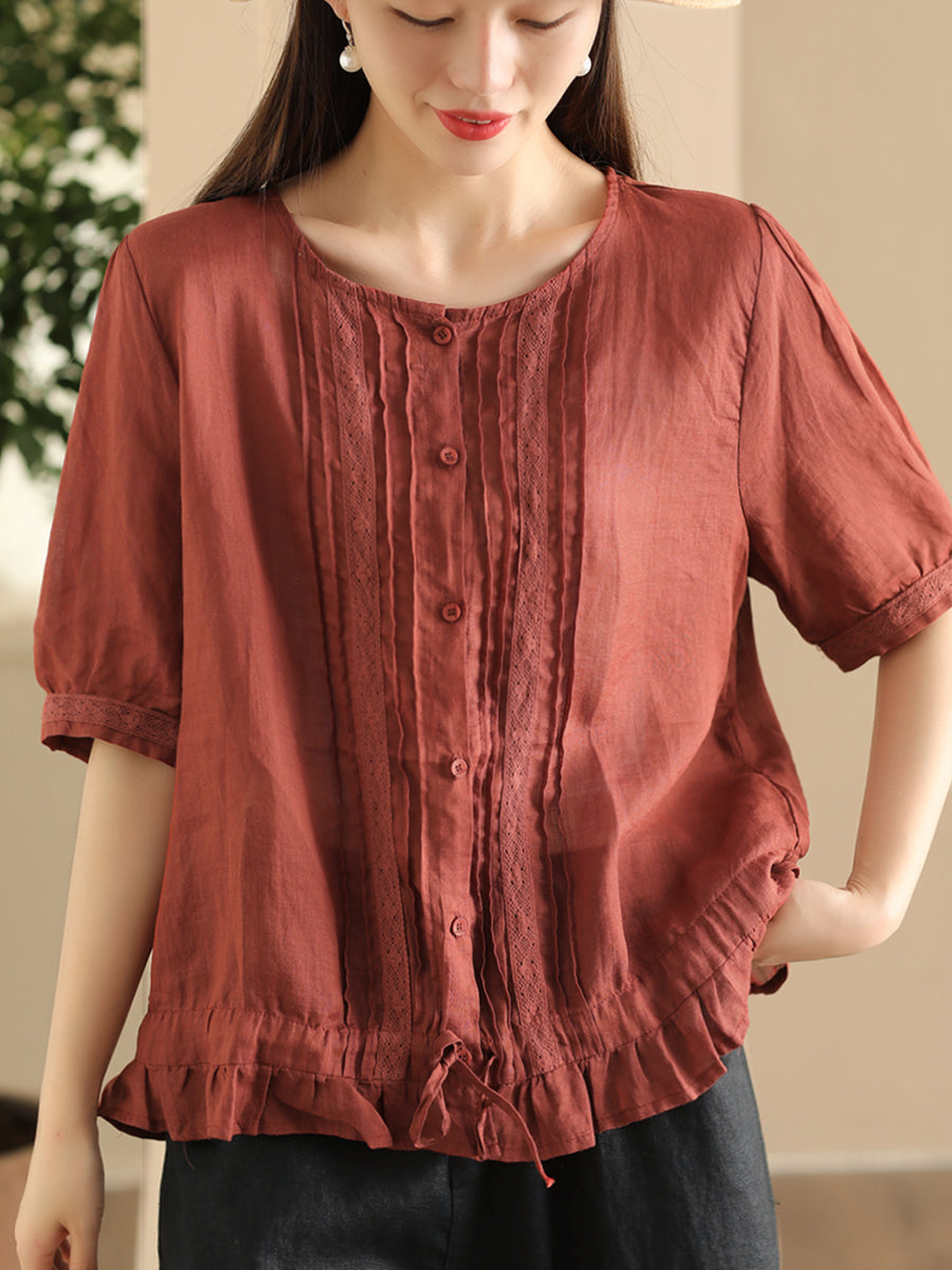 Women Summer Vintage Embroidery Button-up Strap Ramie Shirt FD018