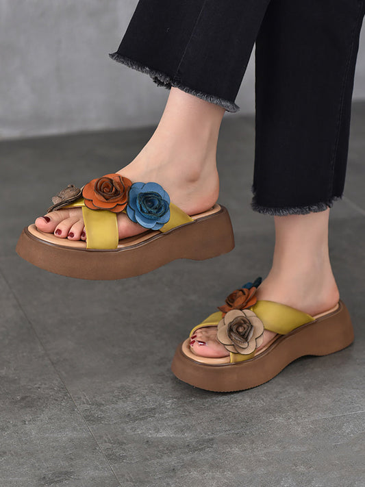 Platform Spliced Leather Summer Women Slippers Flower