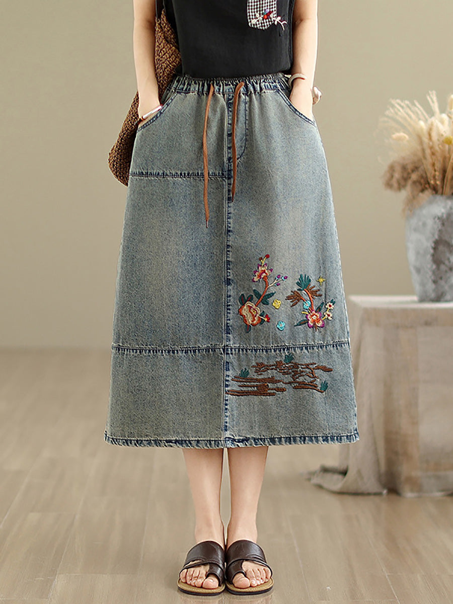 Flower Artsy Spring Embroidery Denim Skirt Women