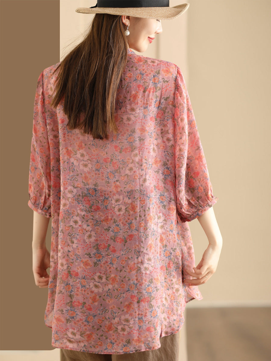 Women Summer Artsy Floral Spliced Ramie Long Shirt BN1007