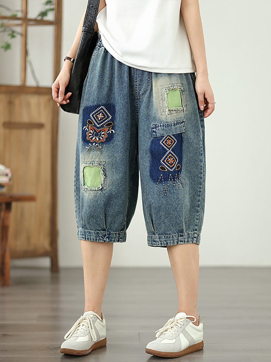 Flower Denim Patchwork Retro Fifth Women Embroidery Pants