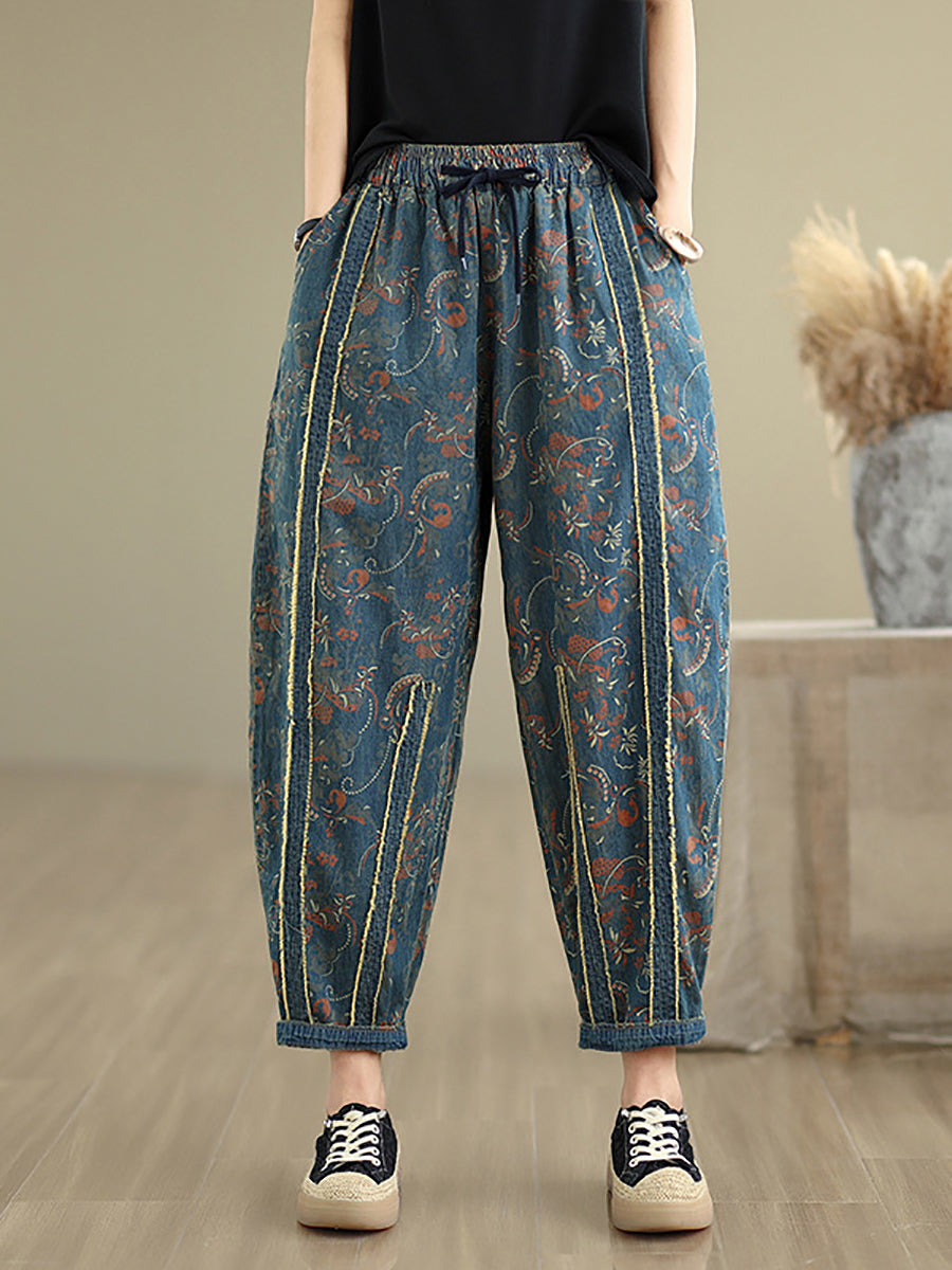 Women Patchwork Flower Denim Pants Harem Retro
