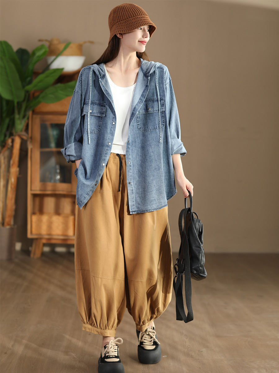 Women Casual Solid Autumn Pocket Denim Hooded Coat AT1026