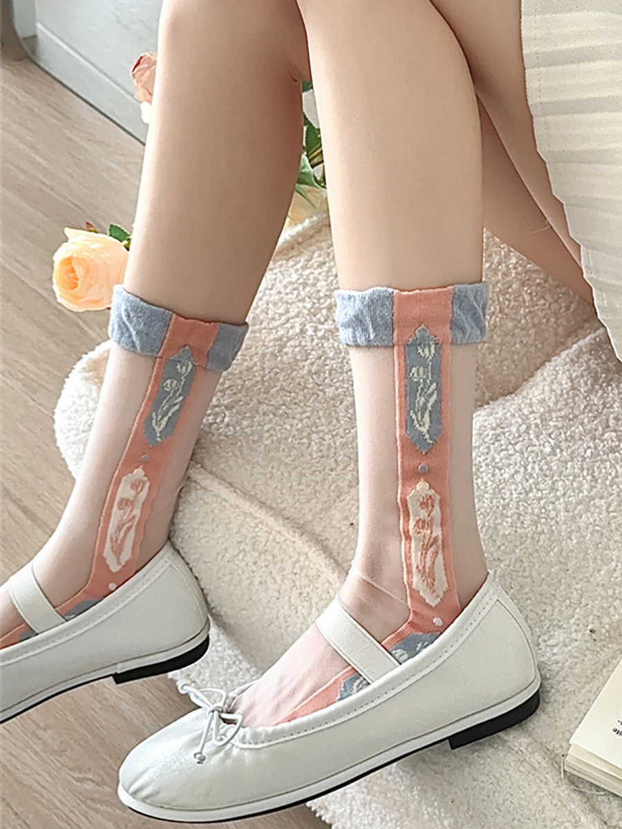 3 Paar lange Jacquard-Socken mit Blumenmuster für Damen FD029