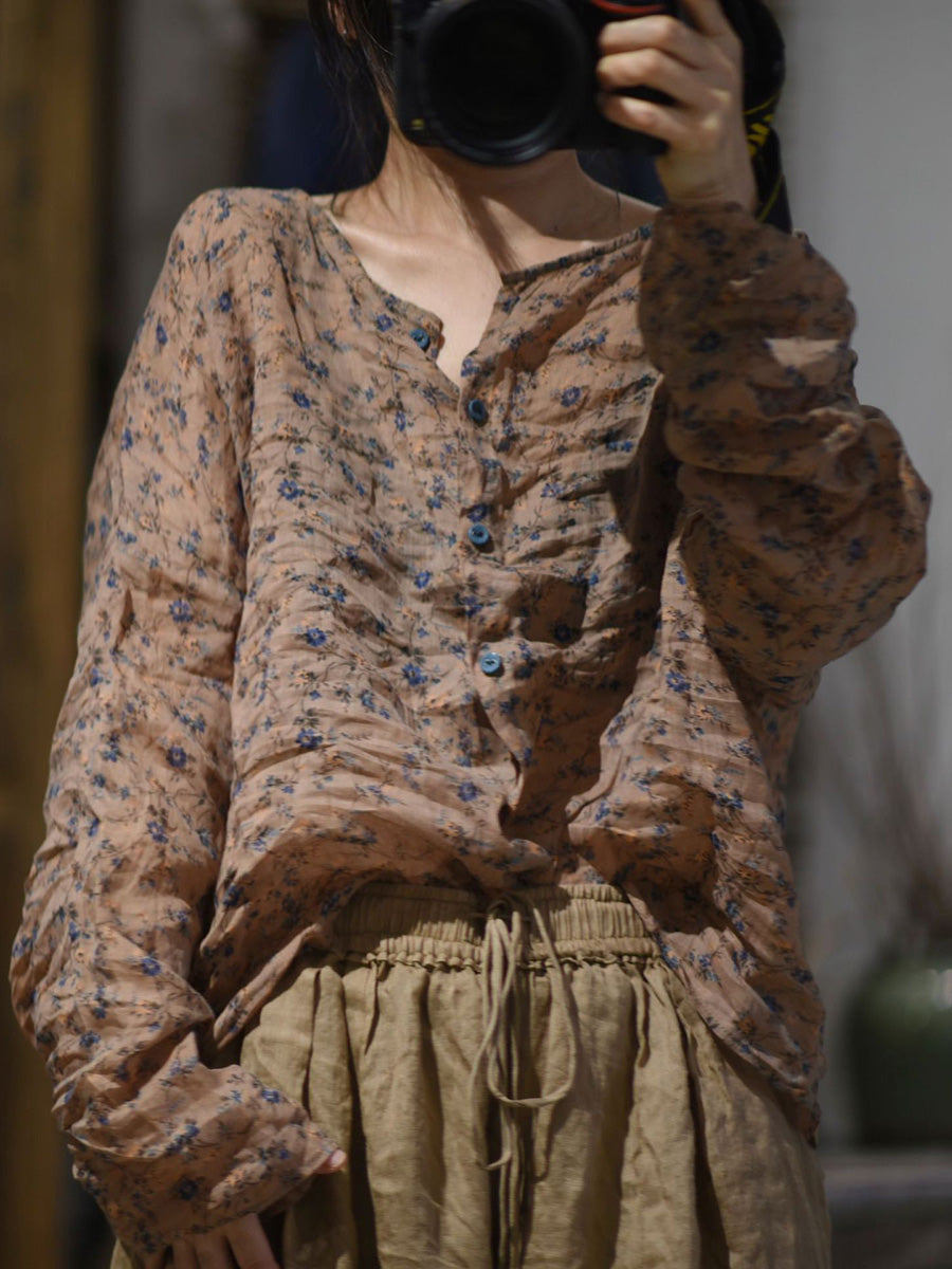 Button Shirt Floral Ramie Women O-Neck Vintage Autumn