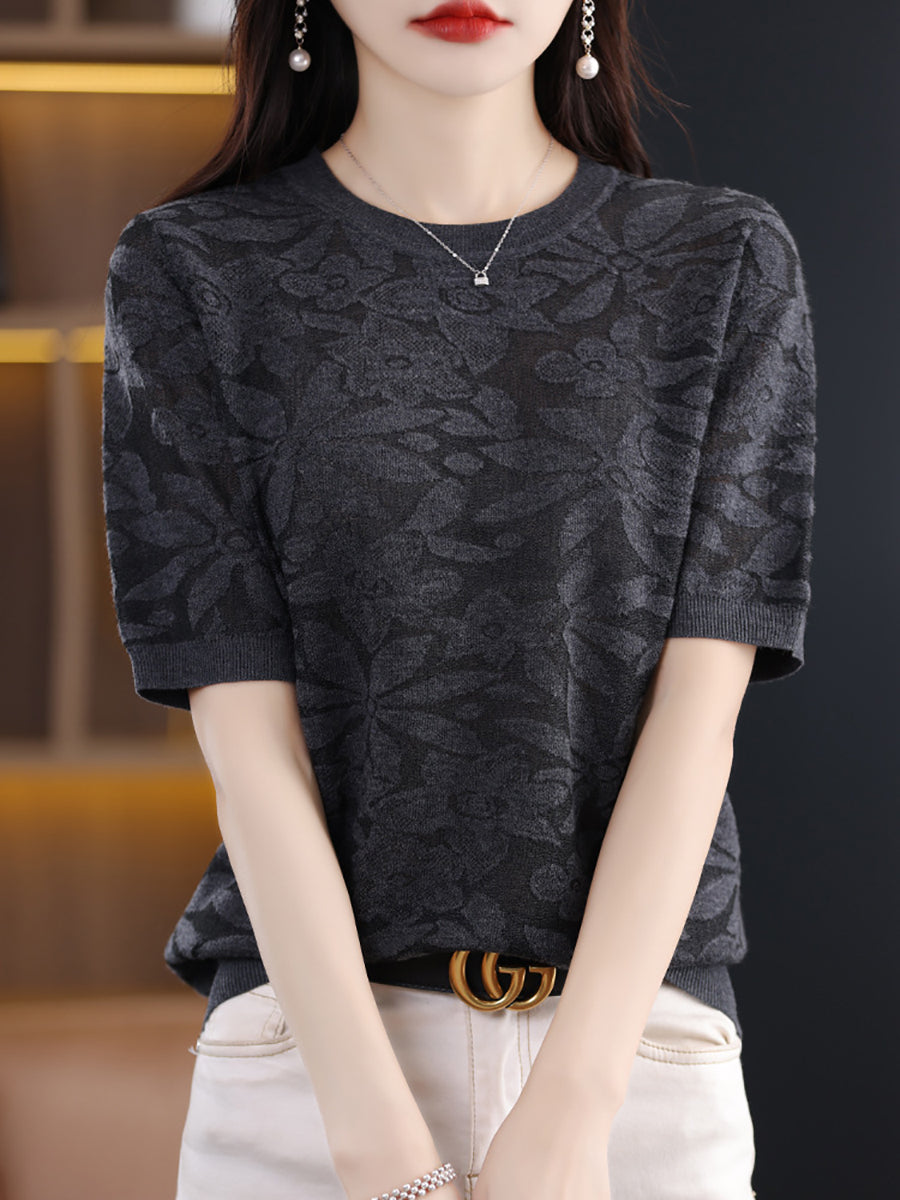 Women Summer Casual Flower Knitted Pullover Shirt WE1019