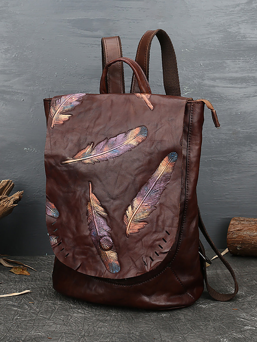 Women Vintage Leather Feather Embossing Backpack