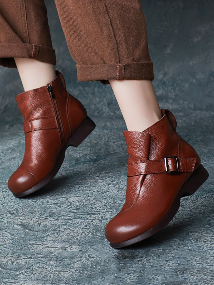 Women Vintage Autumn Soft Leather Buckle Low Heel Boots BA1053