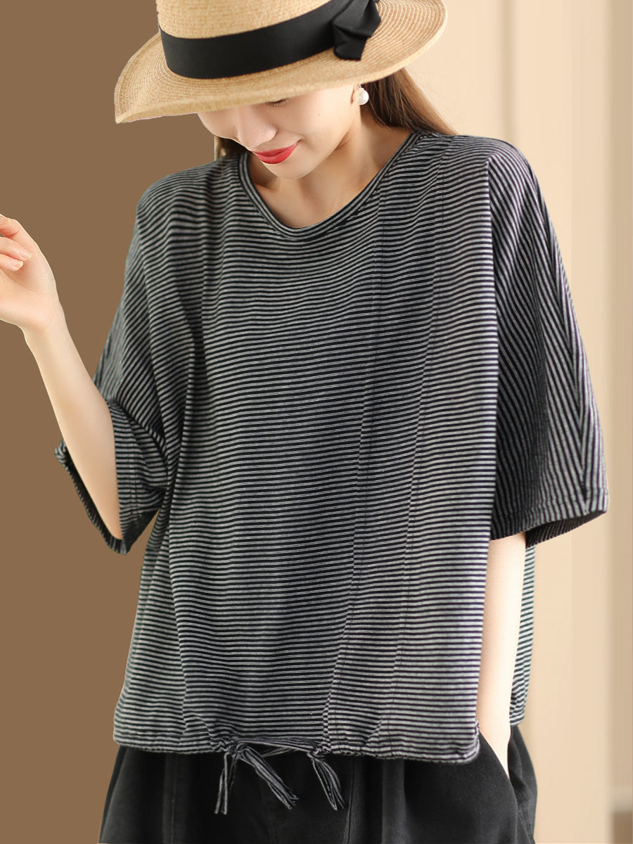 Women Summer Casual Stripe Strap Cotton Shirt BN1043