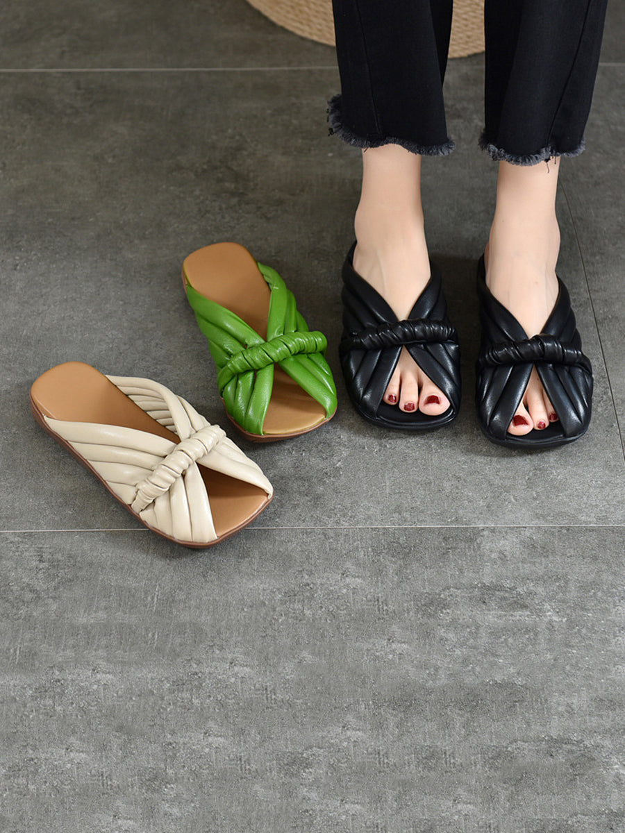 Chaussons plats d'été en cuir tressé solide pour femmes BN1013