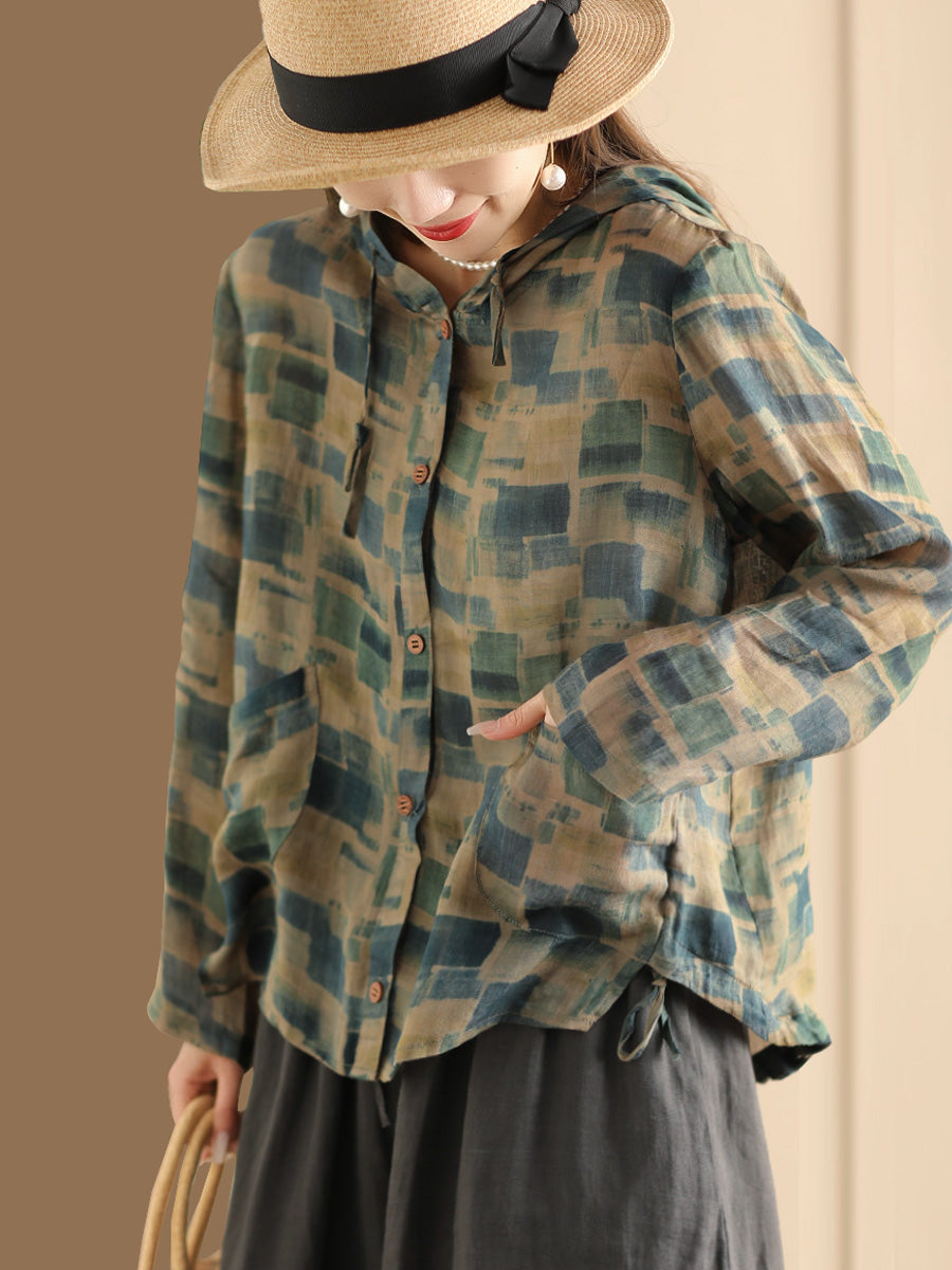 Women Spring Artsy Flower Button-Up Hooded Shirt CO1004