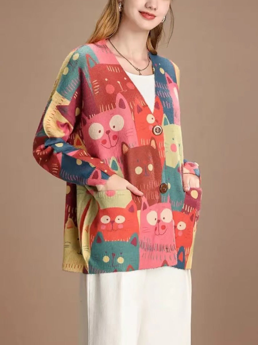 Cardigan tricoté à motif de chat mignon pour femme, pull de printemps PA1005