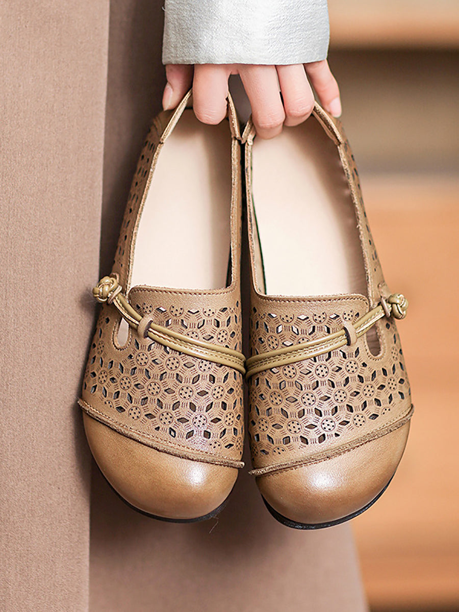 Women Summer Vintage Leather Cutout Soft Flat Shoes ZZ1002