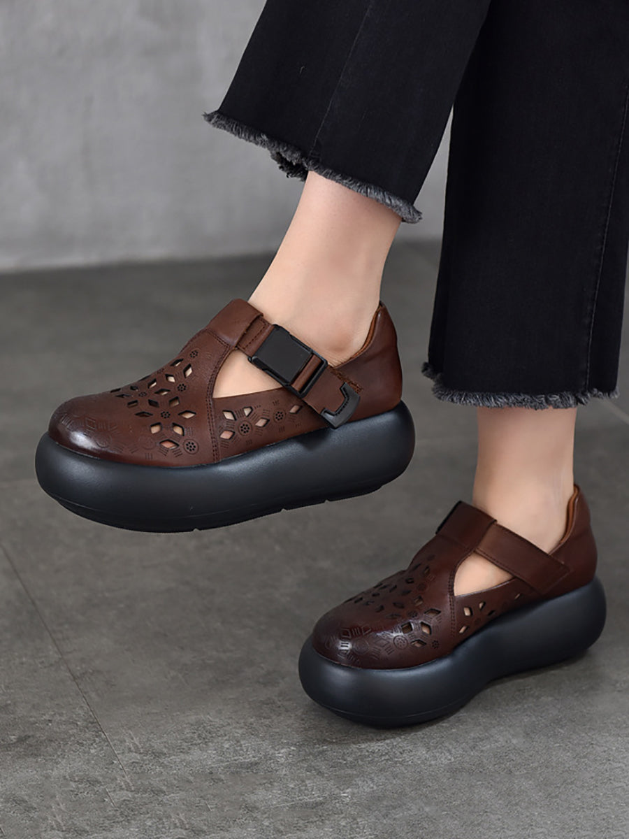 Hollow Out Leather Platform Genuine Casual Women Summer Shoes