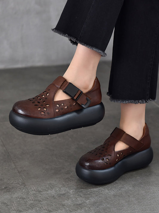 Hollow Out Leather Platform Genuine Casual Women Summer Shoes