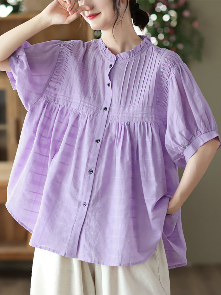 Women Artsy Shirred Stripe Cotton Agaric-Lace Shirt OP1006