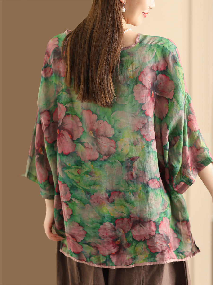 Women Vintage Floral V-Neck Linen Summer Shirt XX1014