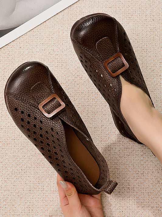 Women Leather Vintage Summer Shoes Flat Spliced