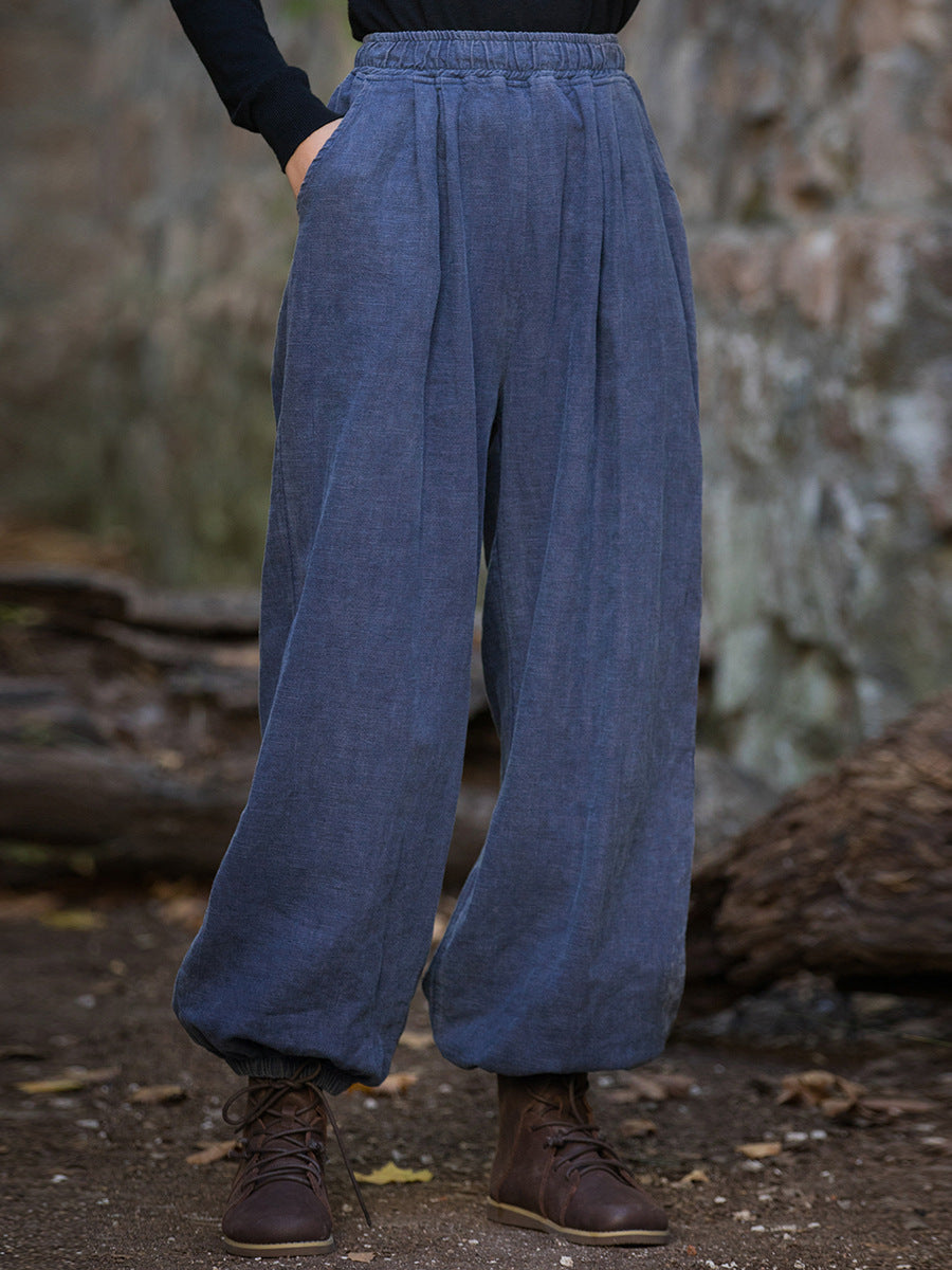 Women Vintage Autumn Solid Loose Ramie Cuffed Pants AT1013