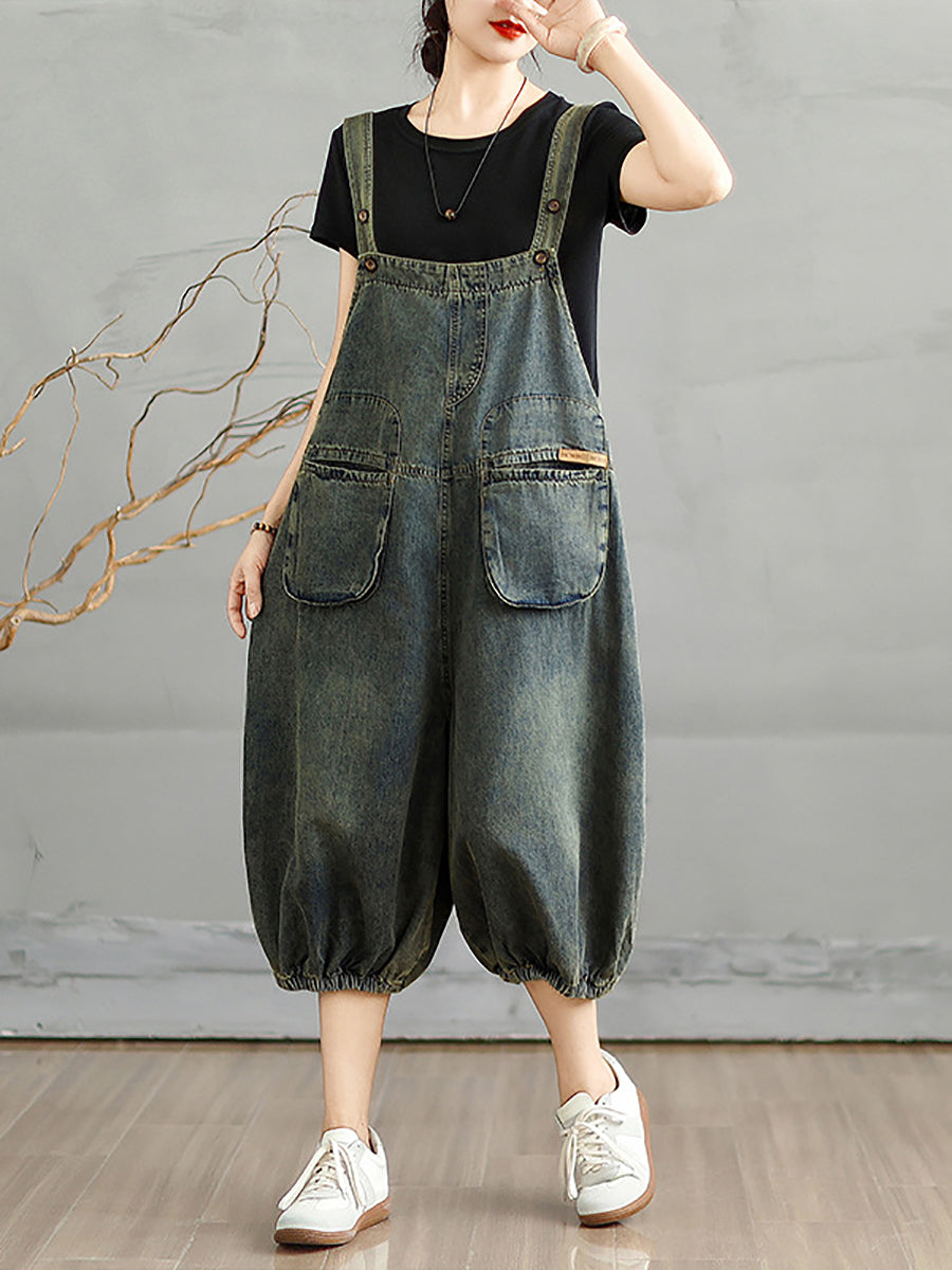 Summer Worn Women Cropped Color Denim Jumpsuits Pure