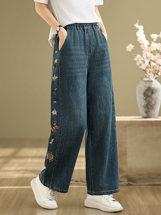 Retro Women Denim Wide-leg Embroidery Pants