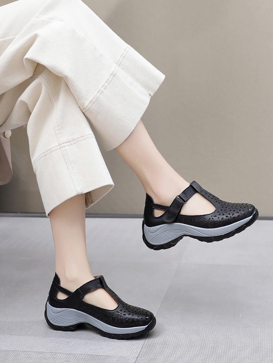 Women Summer Solid Leather Cutout Platform Shoes PA1025