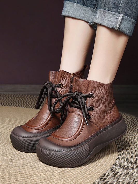 Women Casual Winter Solid Leather Strap Platform Boots WG009