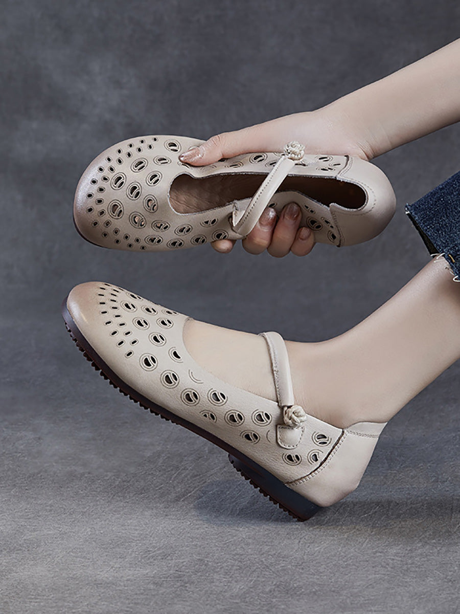 Leather Heel Summer Low Women Shoes Genuine Out Hollow