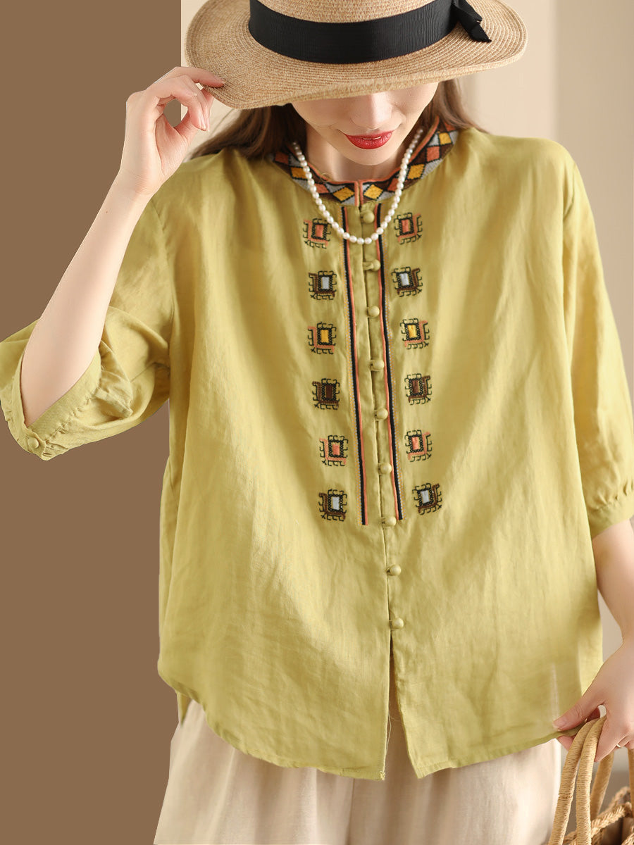 Women Summer Ethnic Embroidery Ramie Shirt ZZ1053