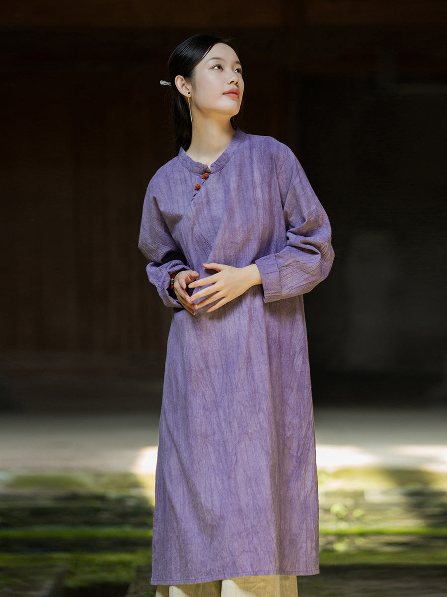 Women Autumn Vintage Tie-dye Ramie Robe Dress BA1042