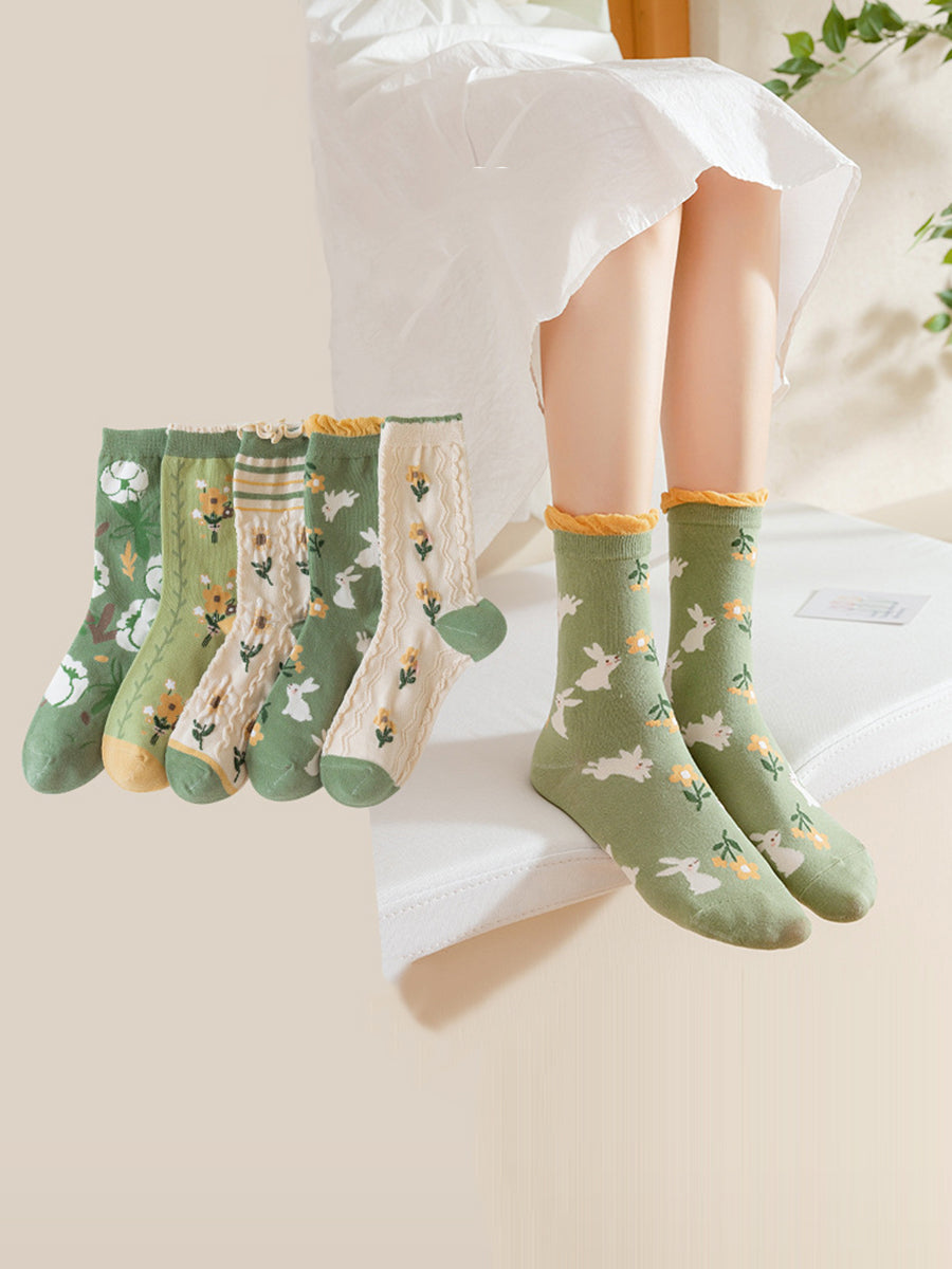 5 Paar Damen Artsy Flower Grüne Wadensocken IO1011