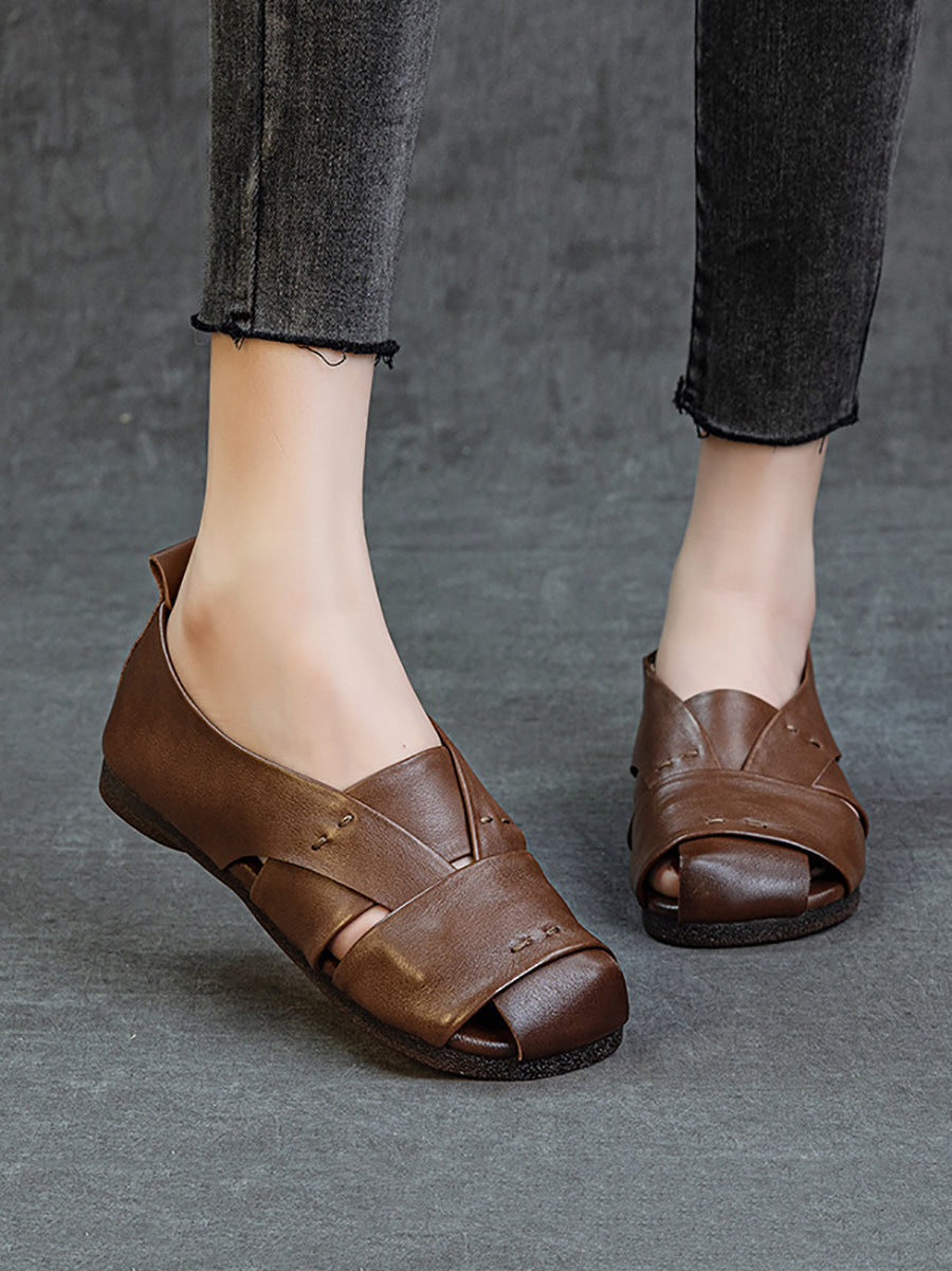 Genuine Sandals Women Leather Vintage Flat