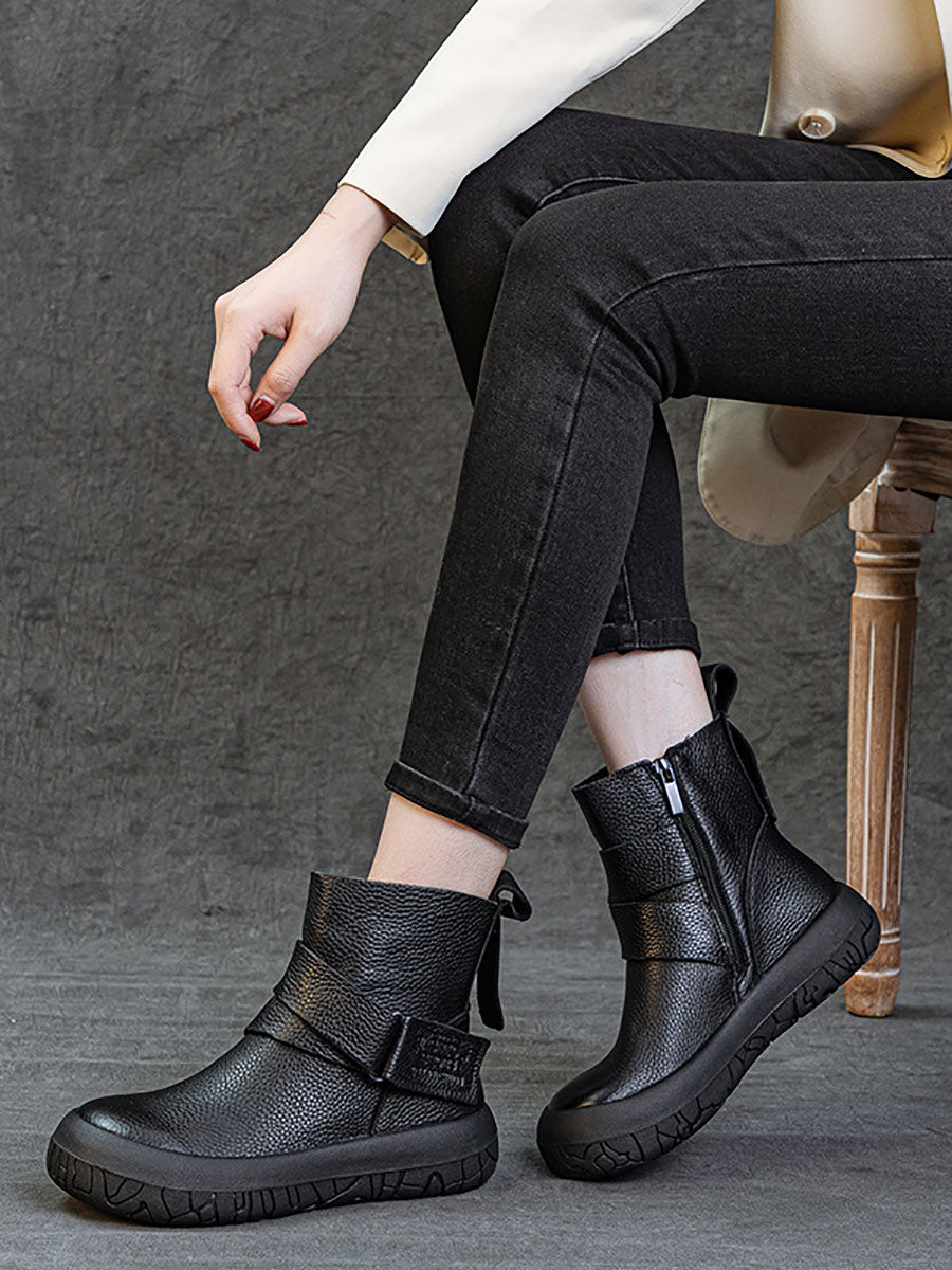 Women Vintage Genuine Leather Spliced Flat Ankle Boots AV1039