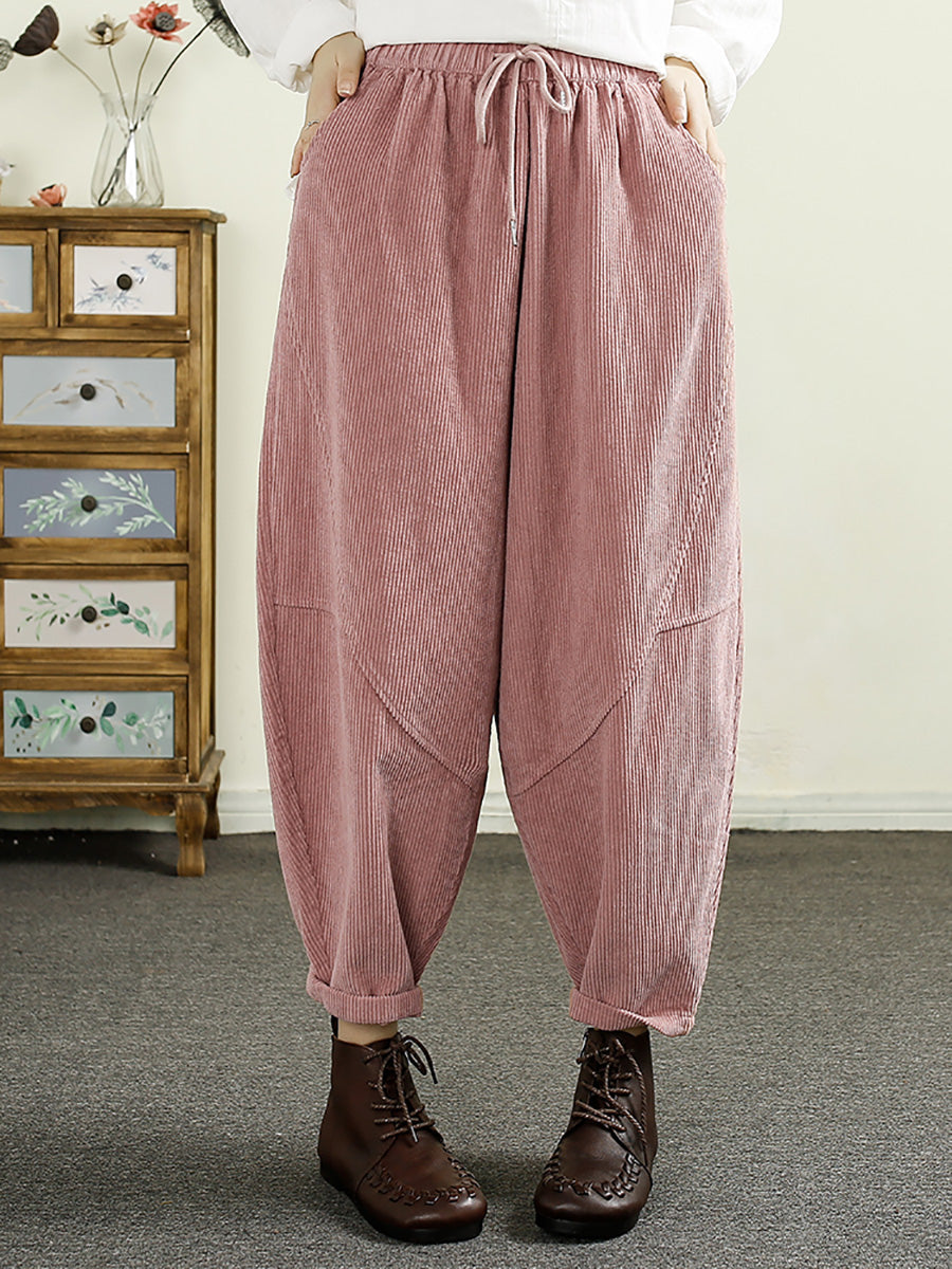 Women Autumn Solid Corduroy Spliced Cotton Harem Pants AI1047