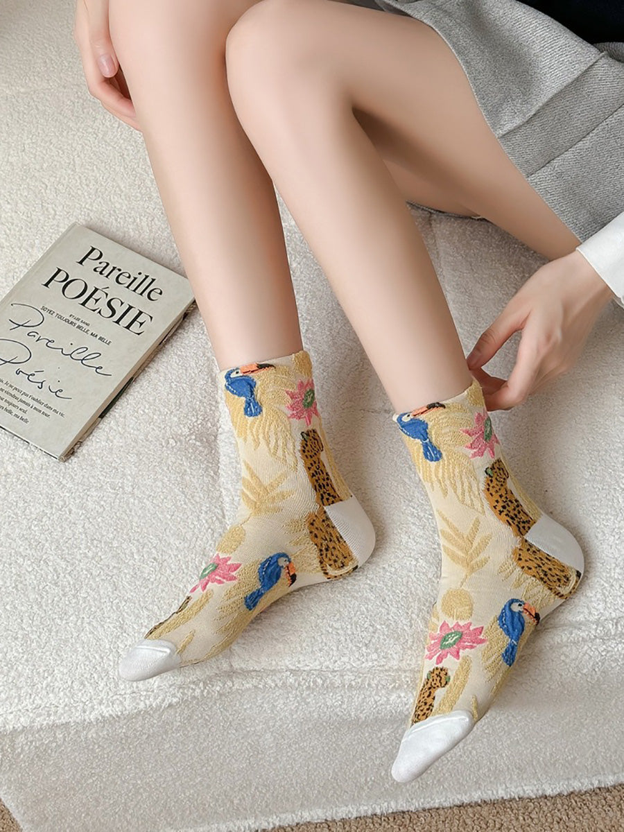 5 Pairs Women Winter Flower Animals Jacquard Socks AX1061