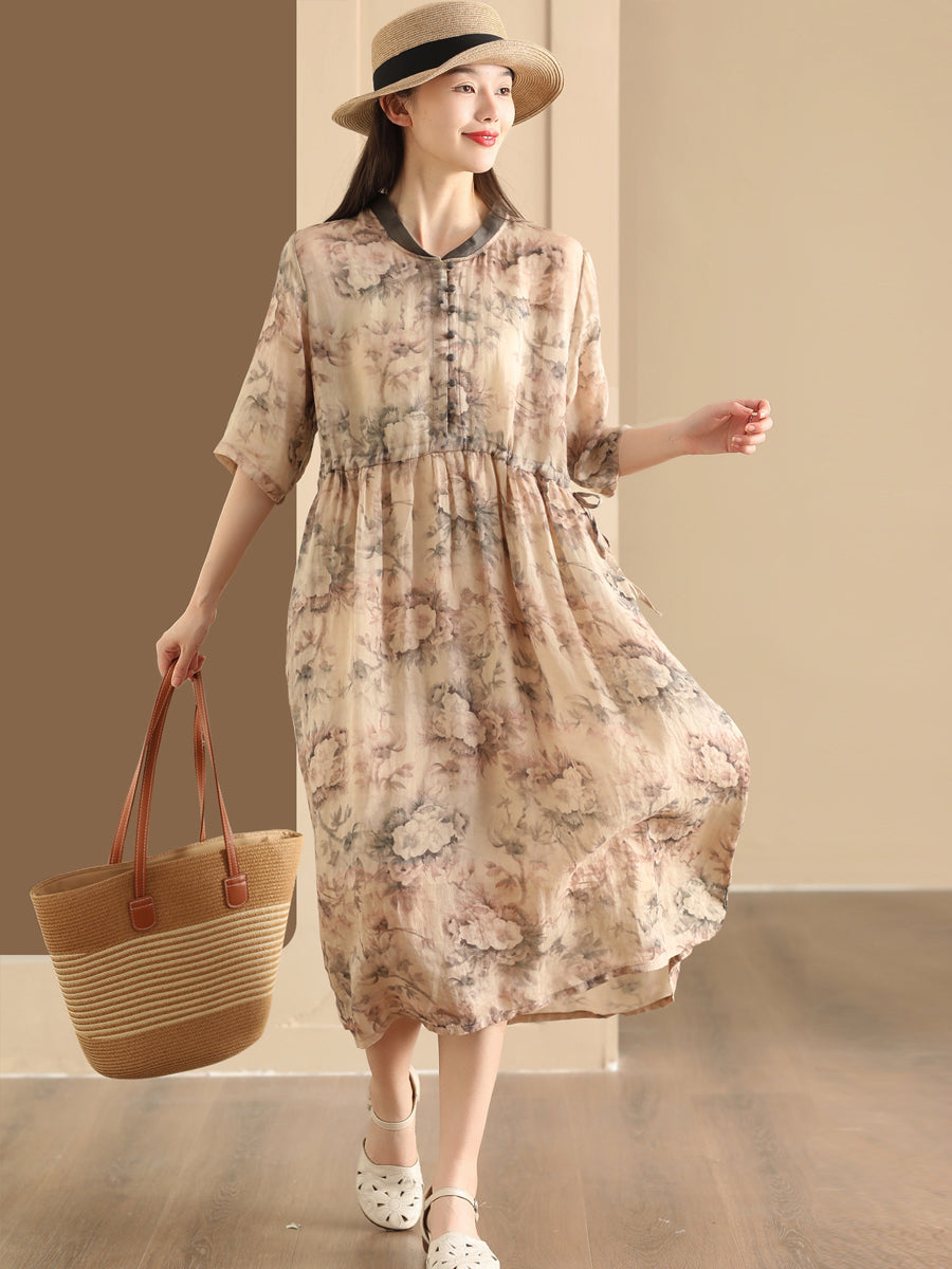 Women Summer Flower Stand Collar Ramie Dress OO1046